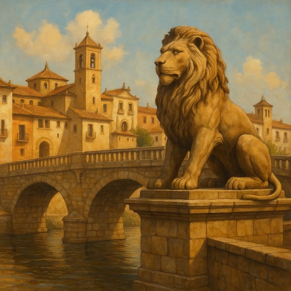 Combine the themes of spanish architecture old bridges and lion-1