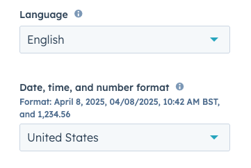 Screenshot showing language and date, time, number format settings for user in HubSpot